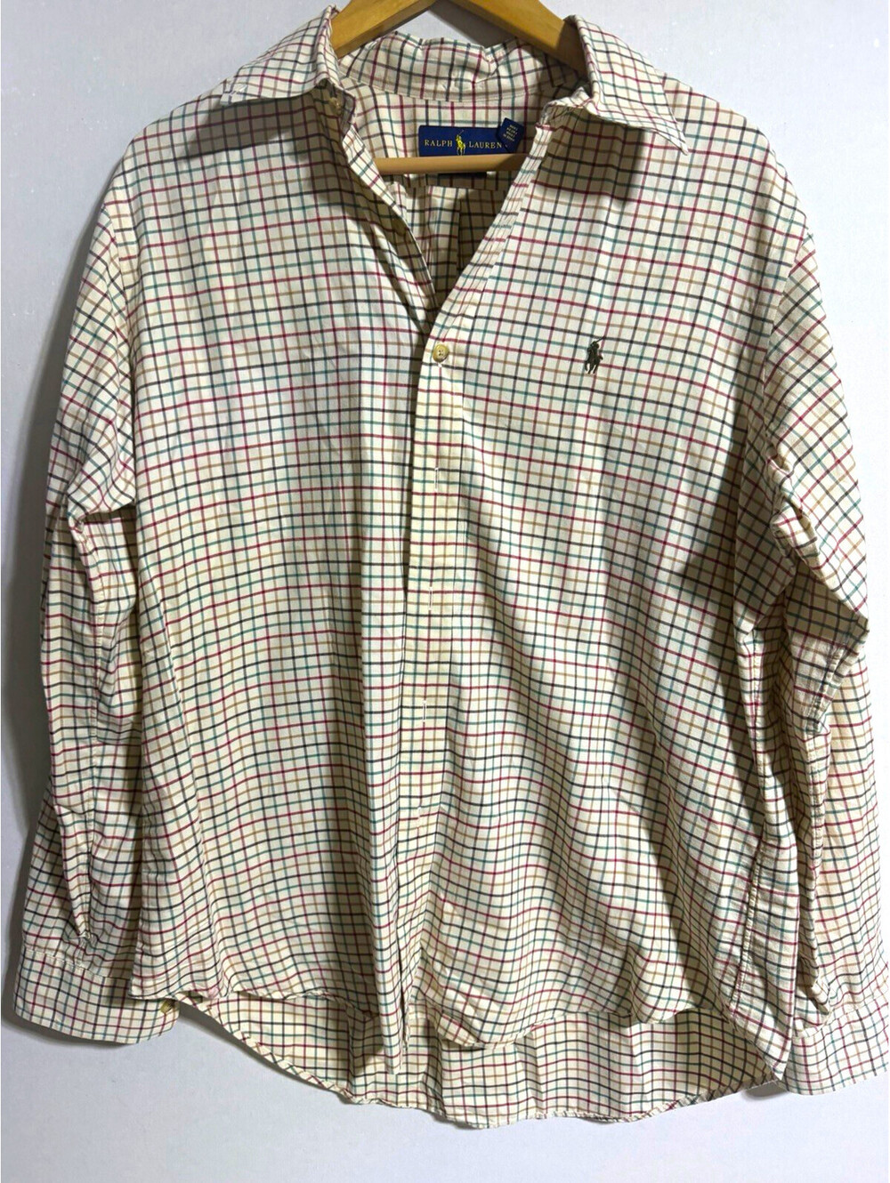 Ralph Lauren Men's L White Green Red Check Woven Embroidered Point Collar Shirt